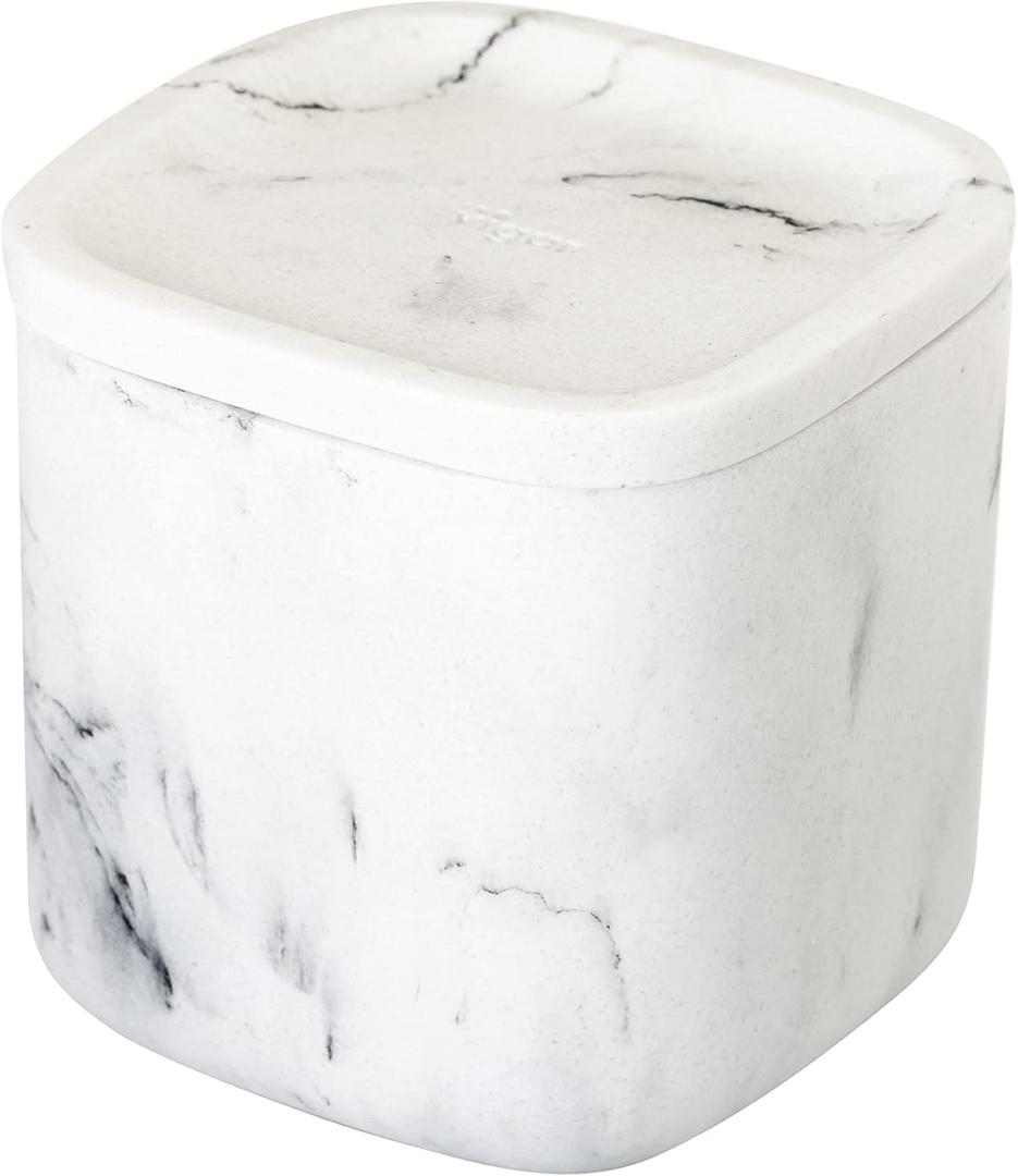 Vigar Zense White Marble Square Decorative Containers with Lids, Bathroom Storage Containers for Cotton Balls, Cotton Buds, Hair Product, Round Pads, Fine Polyresin Stone
