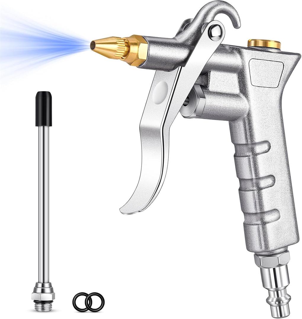 JASTIND Metal Air Blow Gun with Brass Adjustable Air Nozzle and Steel Extension, Air Compressor Attachments with 1/4IN Standard Quick Plug, Pneumatic Tools Air Blower Gun for Dust Removal