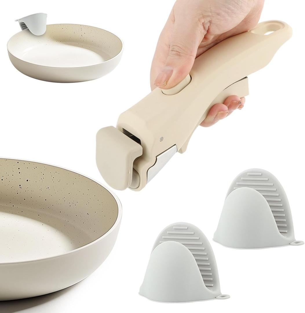 Removable Pot Handle, Cream White Detachable Pan Handles with 2 PCS Silicone Oven Mitts Heat Resistant, Universal Pan Replacement Handles for Pots and Pans