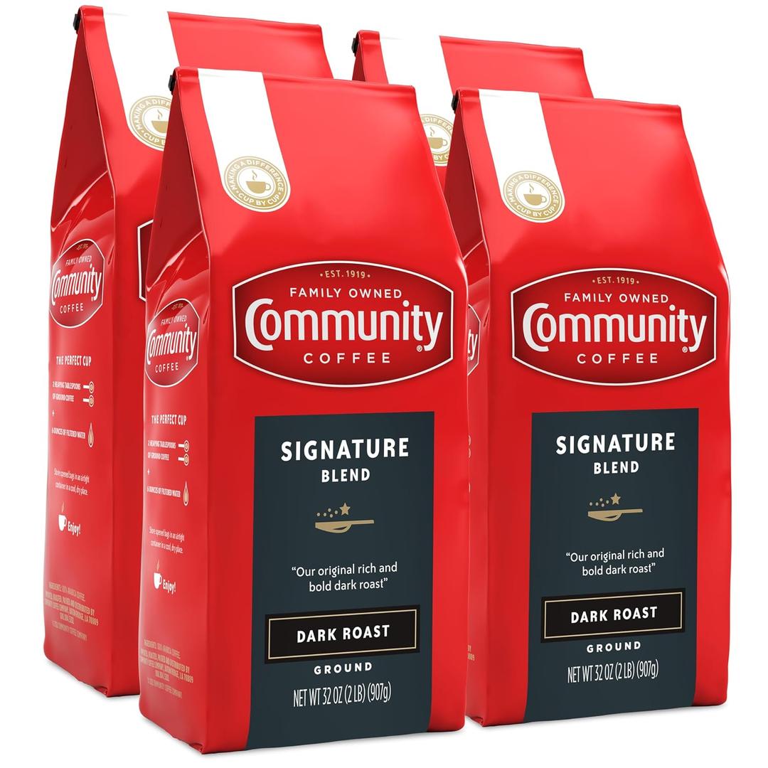 Community Coffee Signature Blend, 128 Ounces Ground Coffee, Dark Roast, 32 Ounce Bag (Pack of 4) (EXP 07/20/26)