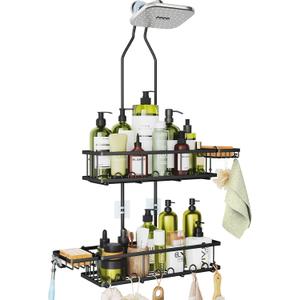 Shower Caddy Hanging: Adjustable Height Organizer for Over Showerhead - Black Rustproof Shower Shelves with Hooks & 2 Soap Holders