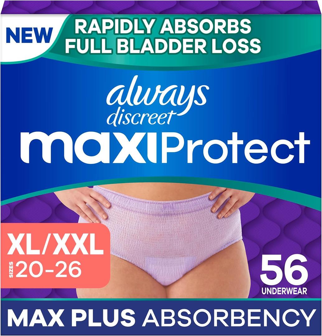 Always Discreet MaxiProtect Adult Diapers for Women, Incontinence Underwear, Scented, Postpartum Essentials, Bladder Leak Protection, Disposable Briefs, Maximum Plus Absorbency, Size XL/XXL, 56 Count