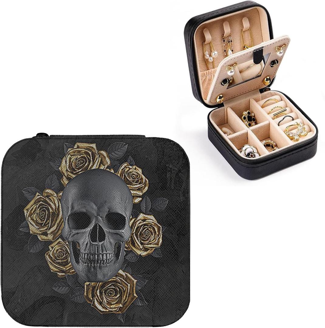Black Skull with Gold Roses Small Travel Jewelry Case with Mirror Portable Black PU Leather Box Earrings Necklaces Rings Bracelets Storage Organizer Gift for Women And Girls