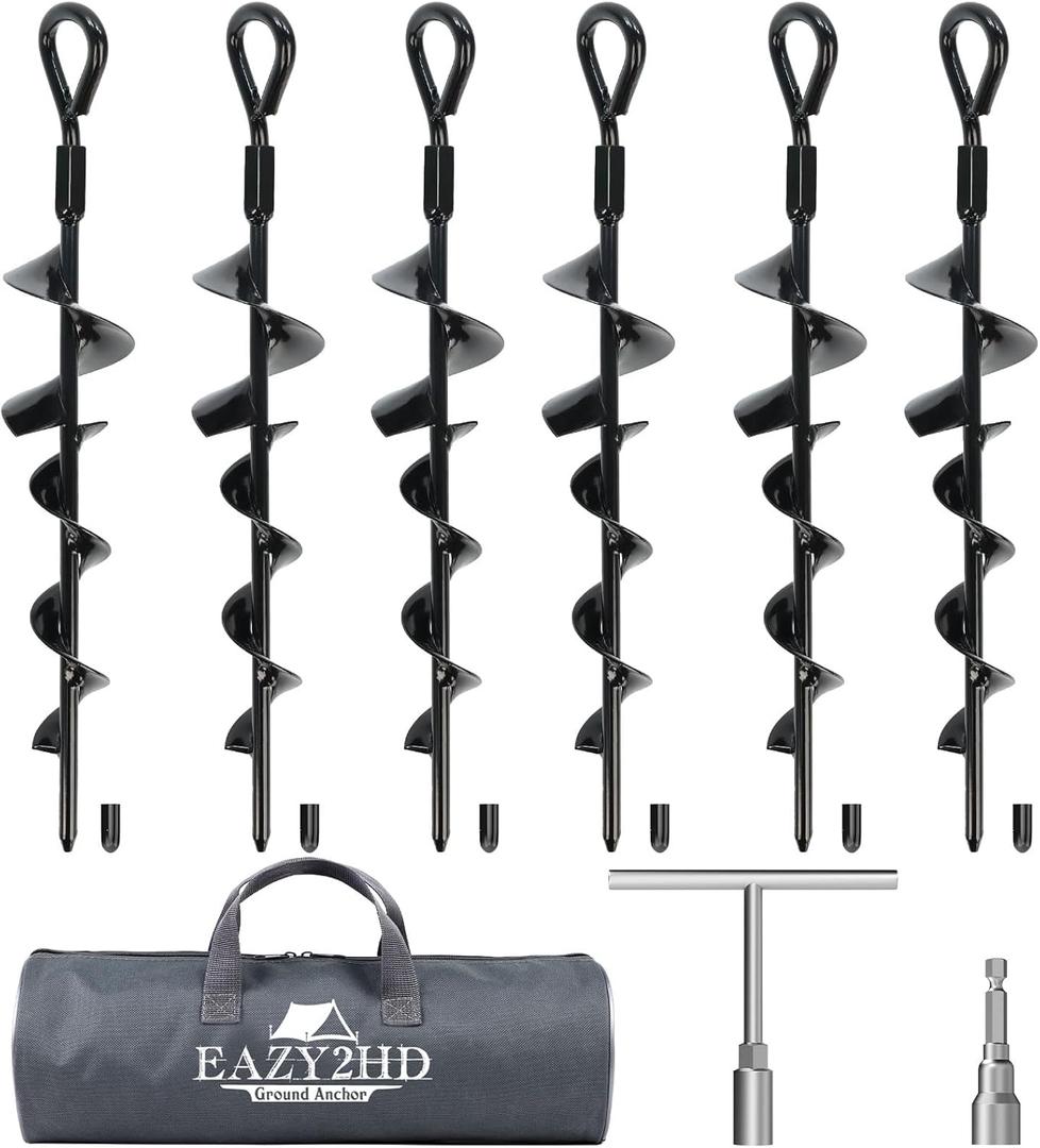 Eazy2hD 6 Pack Tent Stakes Heavy Duty, 15 Inch Ground Anchors Screw in, Metal High Winds Trampoline Stake with Nut and Tool, Spiral Anchor Kit for Camping, Swing Set, Mobile Home, Car Ports (Black)