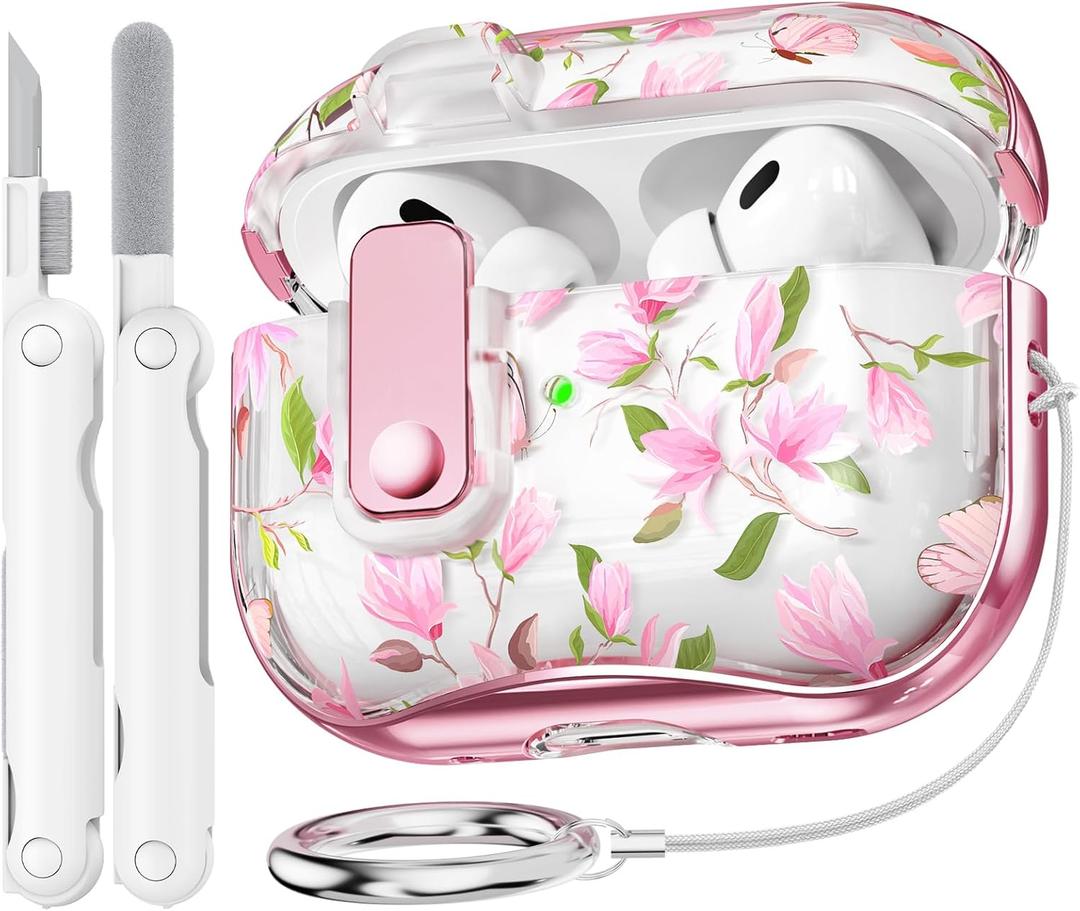 for AirPods Pro 2 Case Cover with Lock, Clear TPU Floral Cute Protective Case for Apple AirPod Pro 2nd/1st Generation Cases Women Girly, with Keychain & Cleaner Kit - Pink Peach Flower