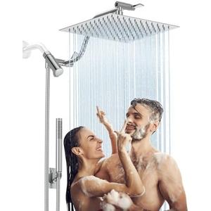 HOPOPRO 10” All Metal Rainfall Shower Head Combo with Handheld Spray, High Pressure Showerhead Combination, Adjustable Dual Showerheads with Extension Arm, Full-Body Coverage Shower Experience, Silver
