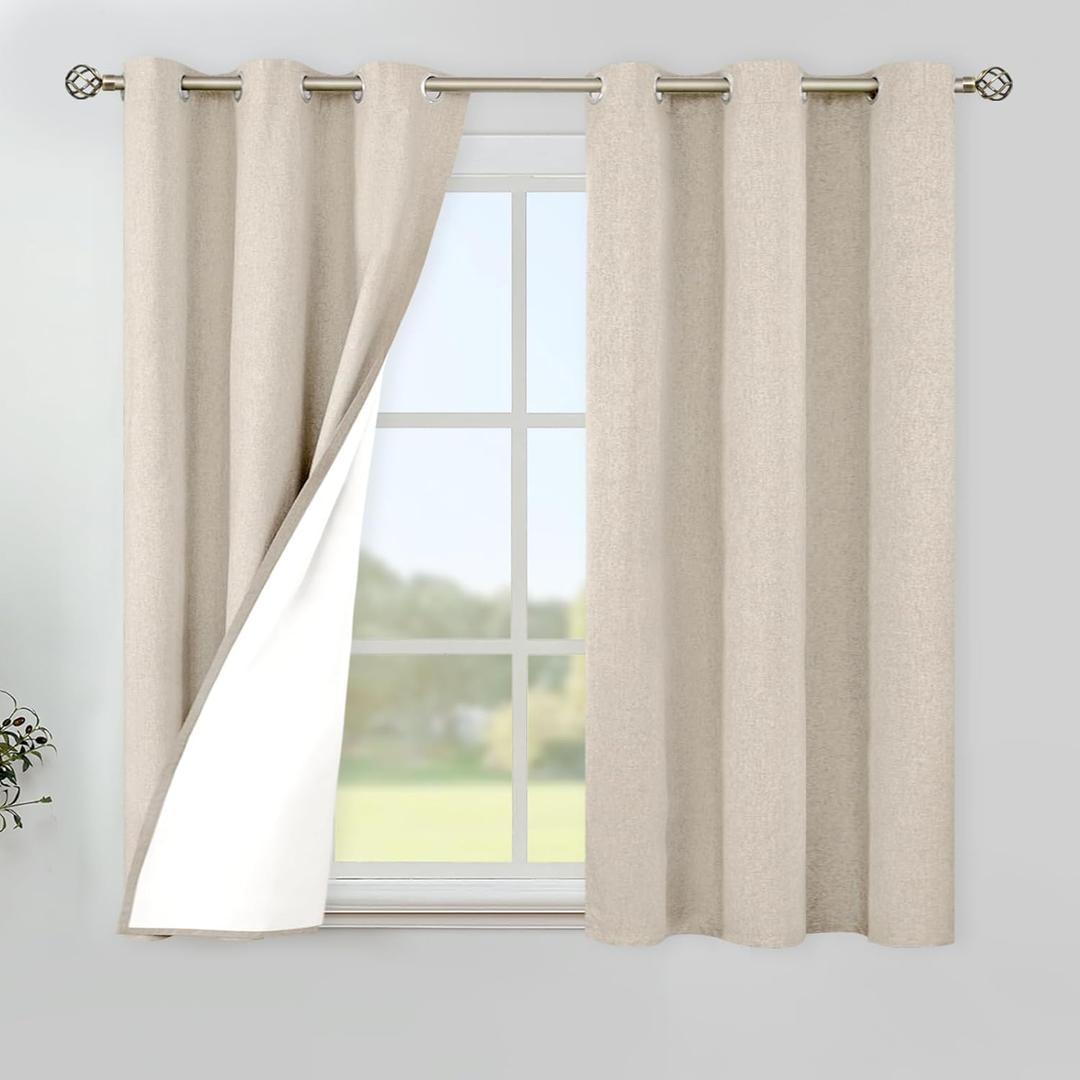 YoungsTex Short Linen Blackout Curtains 45 Inch Length for Kitchen Window, Oatmeal Thermal Insulated Drapes with Grommet for Bedroom Living Room Windows, 2 Panels, 42 X 45 Inch
