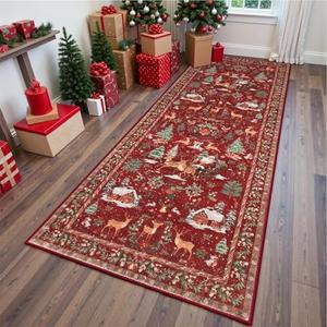Christmas Area Rug,Christmas Hallway Runner Rug,Soft Vintage Holiday Rugs for Entryway with No-Slip Backing Retro Carpet for Kitchen Laundry Room (Red,23.6 * 63in)