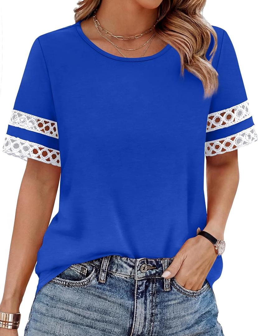 XIEERDUO Women Blouses Dressy Casual Summer Tops Color Block Short Sleeve Shirts Fashion Business Casual Outfits (Blue, S)