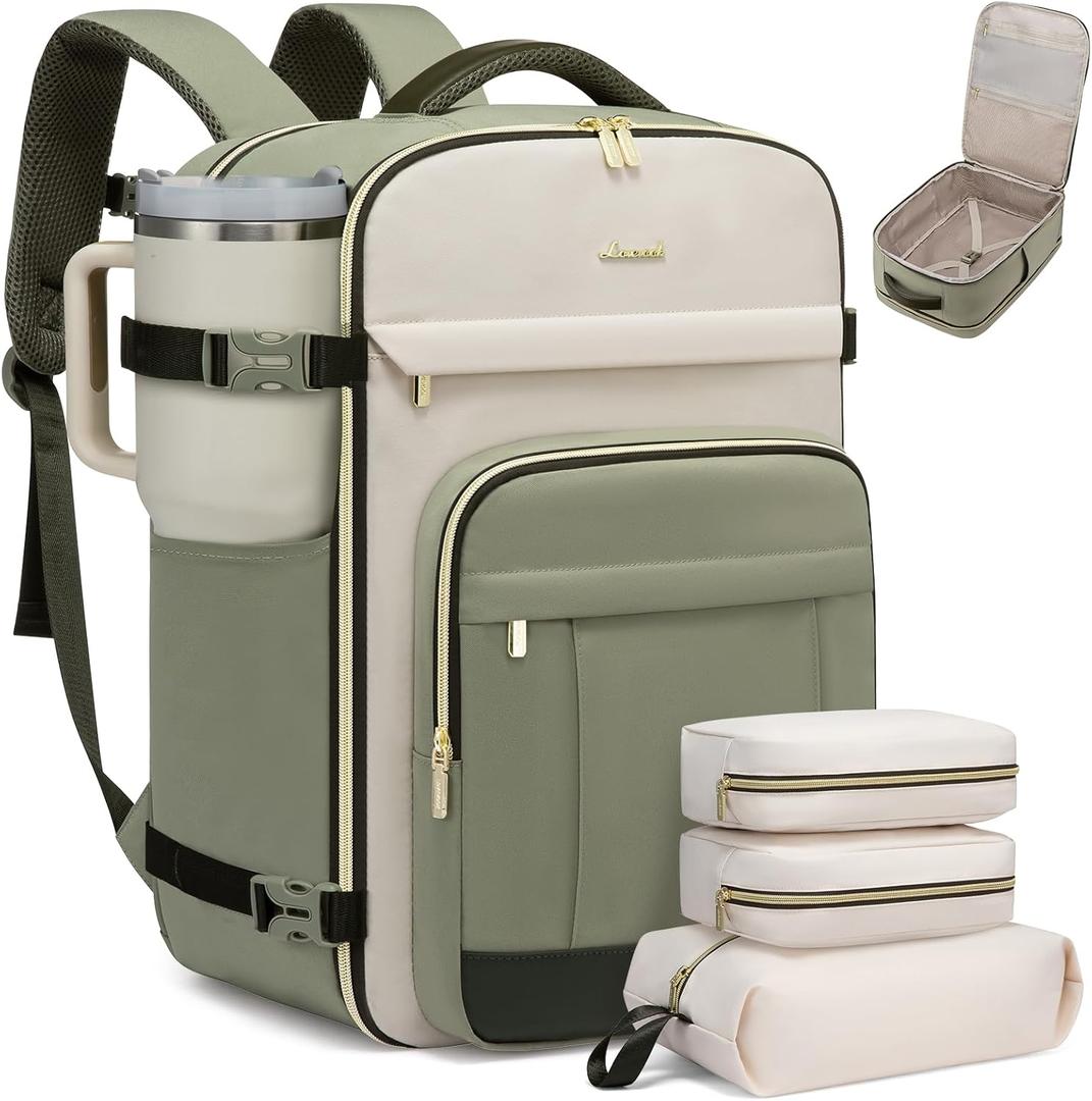 LOVEVOOK 40L Travel Backpack for Women & Men - 17.3 Inch Carry On Backpack & Personal Item Backpack for Airlines, Spacious and Durable Design, with 3 Packing Cubes (Large-40L-4Pcs, Light Green-Beige-Olive Green)