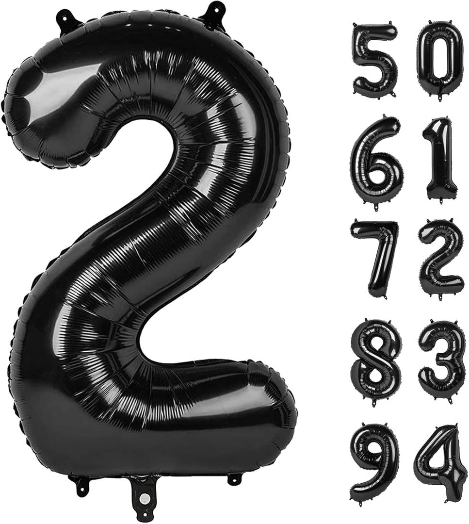 Number 2 Balloon, Black, 40 Inch, Unisex, Birthday Decorations, All Ages, Reusable, Self Sealing, Foil Mylar