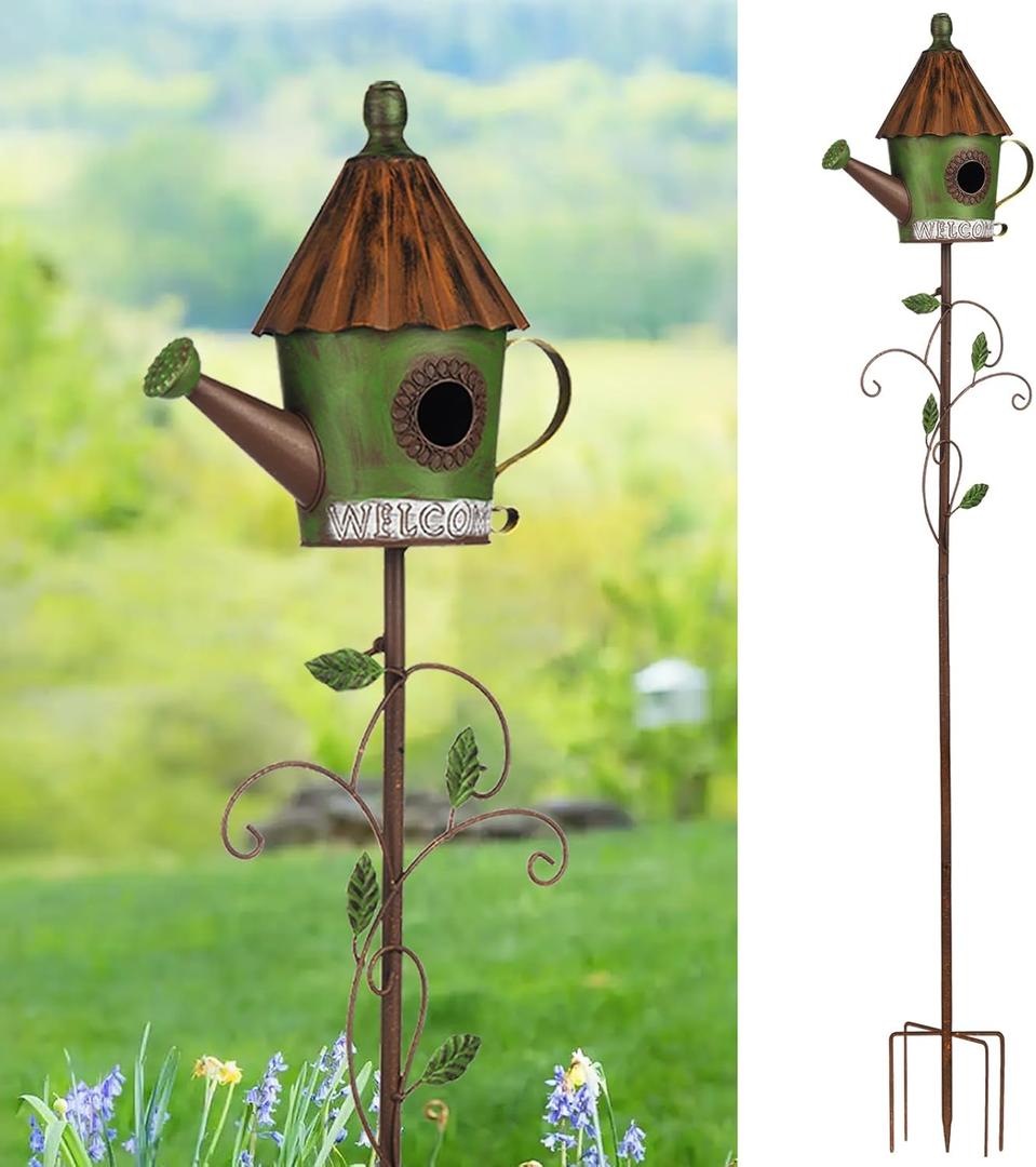 BAYN 57 Bird Houses Stake for Outside, Metal Watering Can Birdhouse Garden Stake Wild Bird Feeder Pole with Welcome Sign Outdoor Decorations for Patio, Backyard, Garden