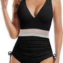 Buauty Women's One Piece Swimsuits Tummy Control Bathing Suits for Womens Color Block Drawstring V Neck Slimming Swimwear, XXL