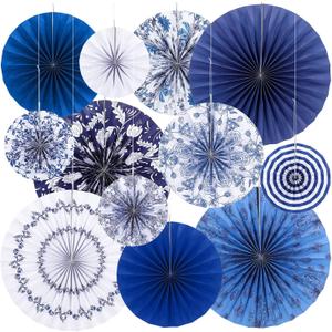 Feifeiya 12 Pcs Chinoiserie Hanging Paper Fans 8'' 12'' 16'' Blue and White Floral Paper Fans Set Round Porcelain Print Hanging Decorations for Birthday Wedding Events Party