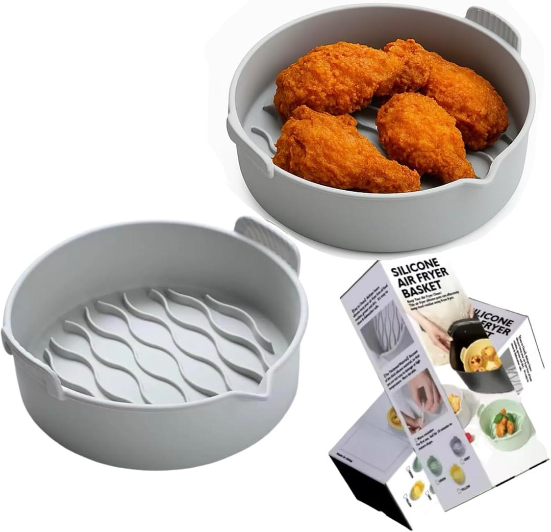Silicone Air Fryer Basket, Air Fryer Liner, Air Fryer Pot, Non-Stick Cooking Inserts with Wave Pattern Design and Drainage Spout, 2 Pack for 6 QT, 7 QT, and 8 QT, Large Air Fryers