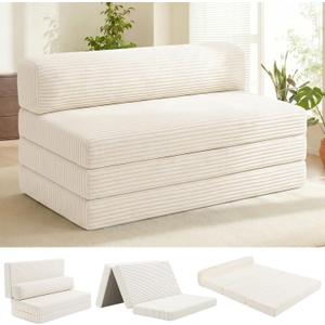 Convertible Sofa Bed, Boneless Couch Loveseat with Removable Cushions & Washable Cover, Futon Sofa Bed with Handle, Pull Out Couch for Small Spaces, Full Size, Beige