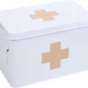 Lassos Boutique 13" Retro Enameled First Aid Box, Medicine Storage with Lid, Tray, Dividers, White/Tan