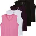 Real Essentials 5 Pack: Women's 100% Cotton V-Neck Sleeveless Tank Top Basic Ladies Casual Shirts (L)