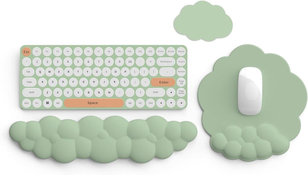 Cloud Keyboard Wrist Rest and Mouse Pad with Wrist Support Set, Ergonomic PU Leather Mouse Pads, Memory Foam Non-Slip Mousepad for Computer,Laptop, Green Cloud
