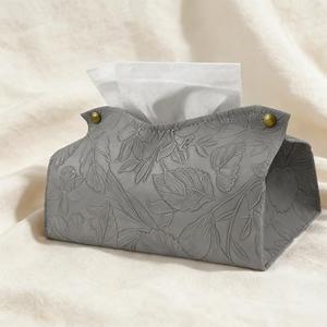 Embossed Floral Leather Tissue Box Cover Luxury Textured Tabletop Tissue Box Holder Minimalist Nordic Style Decorative Tissue Organizer Neutral Color High End Home Decor Desk Paper Tissue Box