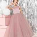 MCieloLuna Flower Girls Satin Tulle Princess Pageant Dress for Wedding Kids Pearls Prom Ball Gowns with Bow-Knot (2, White)