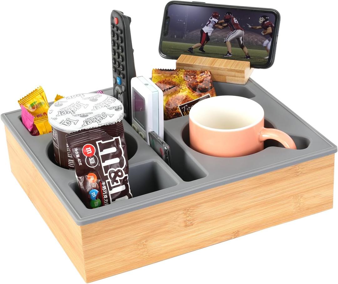 Couch Cup Holder Tray, Handy Silicone Bamboo Couch Caddy with Rotatable Phone Holder for Bed Car Seat Organizer, Waterproof Anti-spill Sofa Cup Holder for Snacks Beverage Remote (Gray)