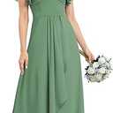 Chiffon Long Bridesmaid Dresses 2025 Short Sleeves Formal Dress RI001, Eucalyptus, 16W