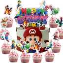 2 x 25Pcs Latest Mario Cake Decorations with 24pcs Cupcake Toppers, 1pcs Happy Birthday Cake Topper, Cartoon Themed Party Supplies, Perfect for Birthday Party Decorations