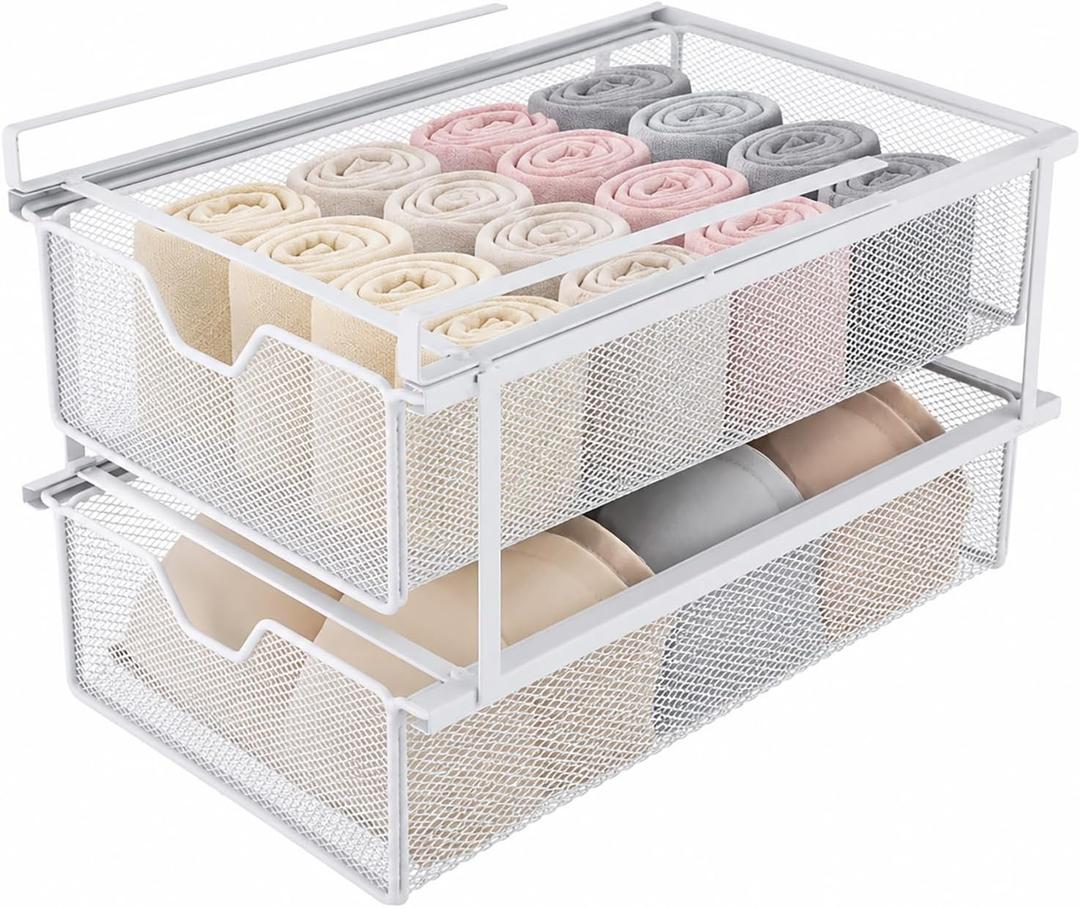 Double Layer White Closet Pull-Out Basket, Under Shelf Hanging Wire Mesh Drawer, Space-Saving Wardrobe Organizer for Socks, Underwear & Bras, 14.6 x 8.9 in