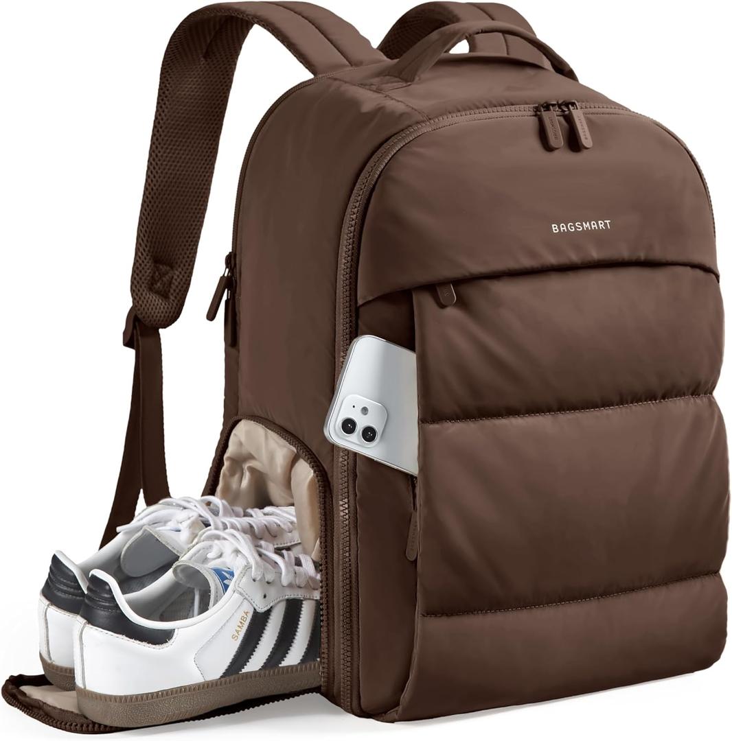 BAGSMART 30L Travel Backpack for Women, Carry on Backpack for Airplanes, Gym Backpack with Shoe Compartment, Lightweight Travel Bag Fits 15.6 Inch, Water-Resistant, Chocolate (Brown)