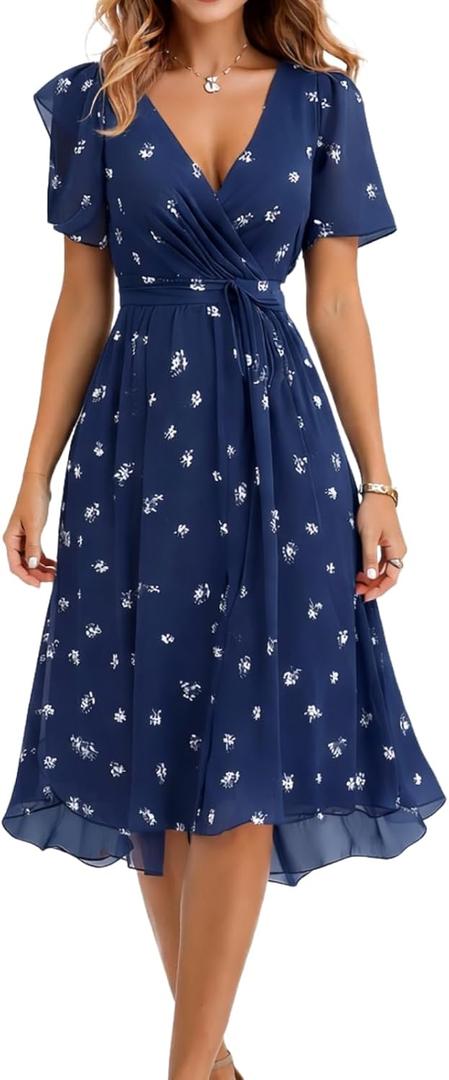 Summer Dresses for Women 2026 Floral Chiffon Dress Casual Short Sleeve Empire Waist Midi Dress Beach Vacation Outfits (Blue, XL)