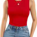 MANGOPOP Sleeveless Bodysuits for Women Crew Neck Tank Top Body Suit Basic Slim Fit Bodysuit Tops (X-Large, Red)