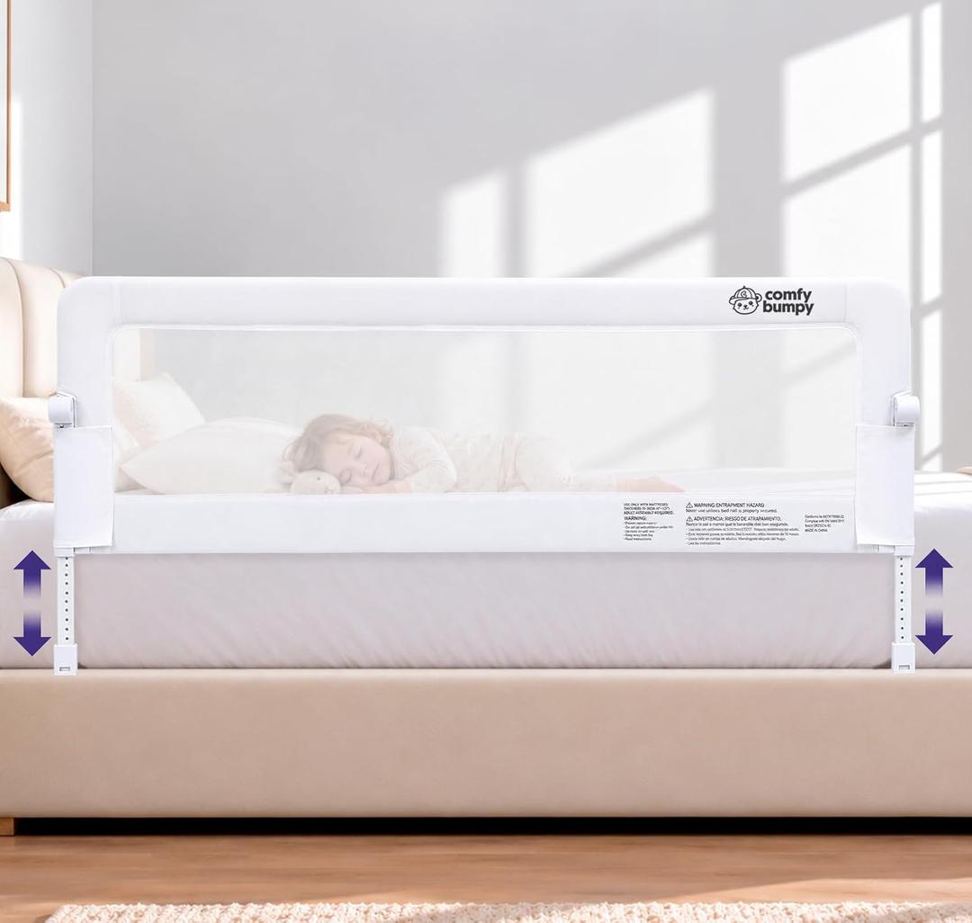 ComfyBumpy Premium Adjustable Bed Rail for Toddlers, Swing-Down Safety Guard, Height Adjusts 24.4"–32.3"H, Extra-Long 55.5", Sturdy Steel & Breathable Mesh, For Twin, Full, Queen & King, White, 1-Pack