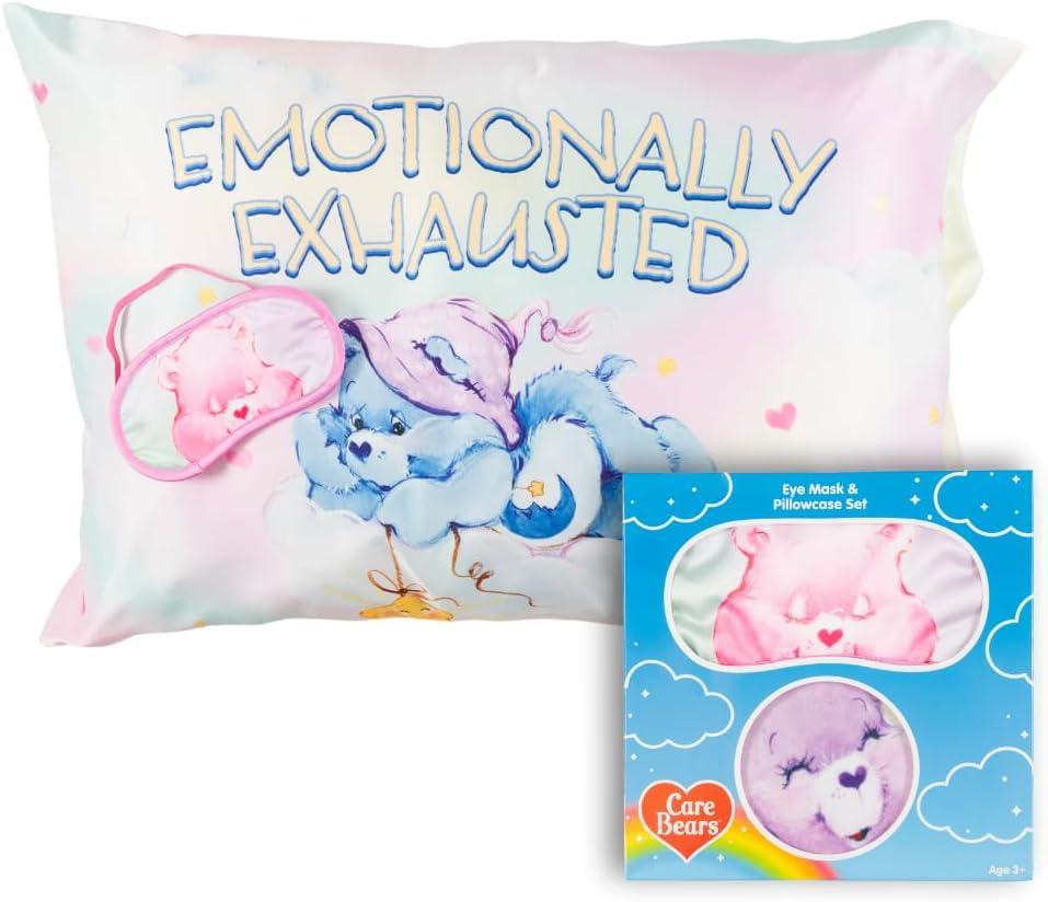 Care Bears Classic Retro Beauty Silky Satin Standard Reversible Pillowcase & Eye Mask Set, 20x30, for Hair and Skin, (Officially Licensed Product) by Franco Collectibles