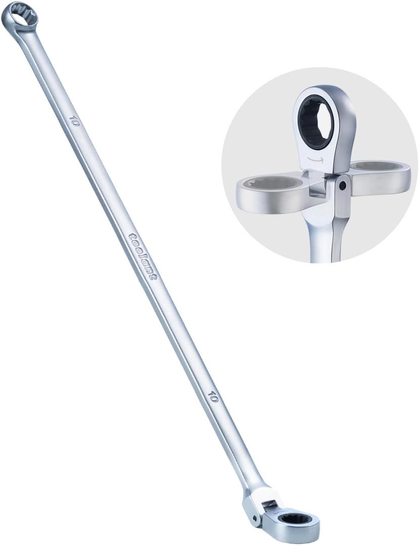 Toolant 10mm Extra Long Ratcheting Wrench, Flex Head & Fixed Offset Head Double Box End Combination Wrench, CR-V Steel