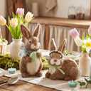 DoubleFill 2 Pcs Easter Bunny Figurine Easter Wooden Bunny Figurines Farmhouse Rabbit Table Decoration for Spring Office Centerpiece Decor Party Supplies