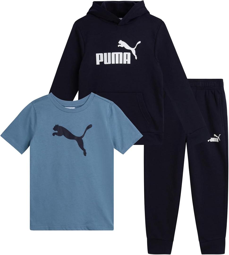 PUMA Toddler Boys Pants Set - 3 Piece Active T-Shirt, Fleece Hoodie Sweatshirt, and Jogger Pants Set for Little Boys (3-4) (Navy Blue)