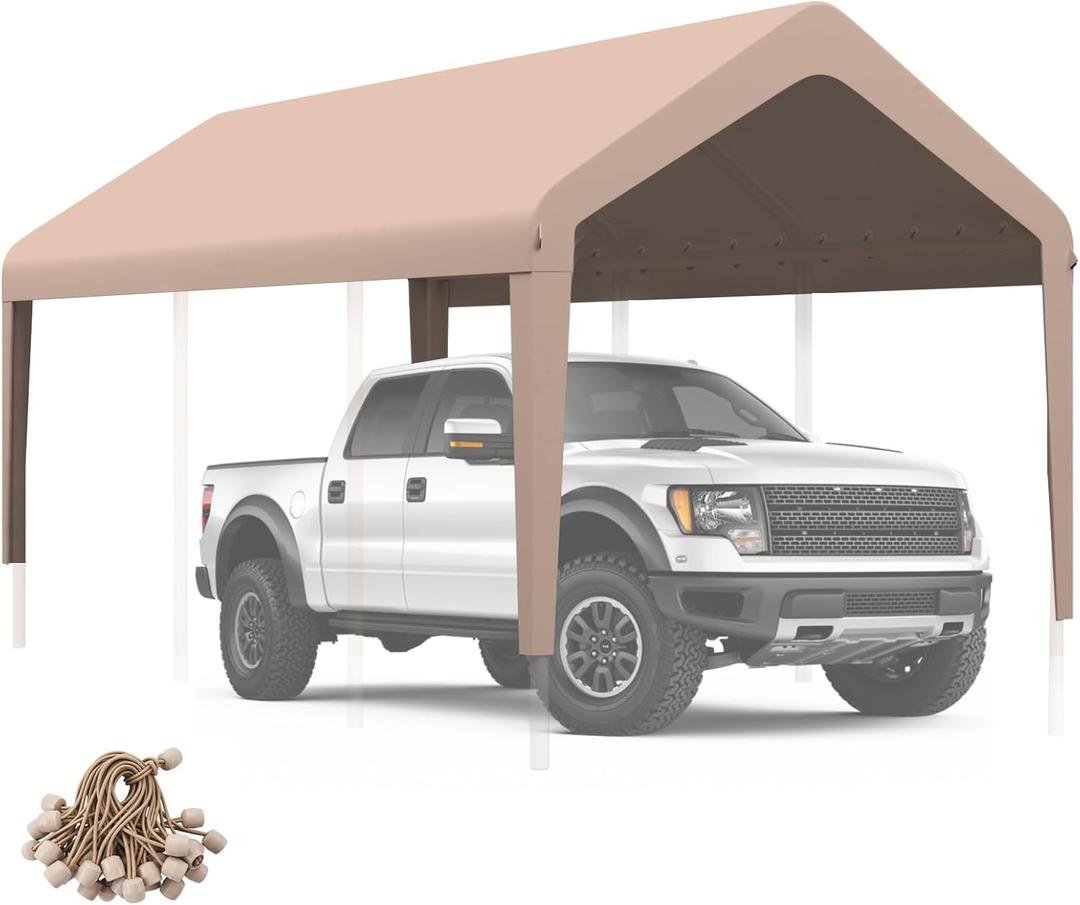 Carport Canopy 10'x20' Heavy Duty Replacement Cover, Garage Shelter Cover 800D Oxford Waterproof & UV Protected Tarp with Ball Bungees, Not Include Frame, Beige (Brown)