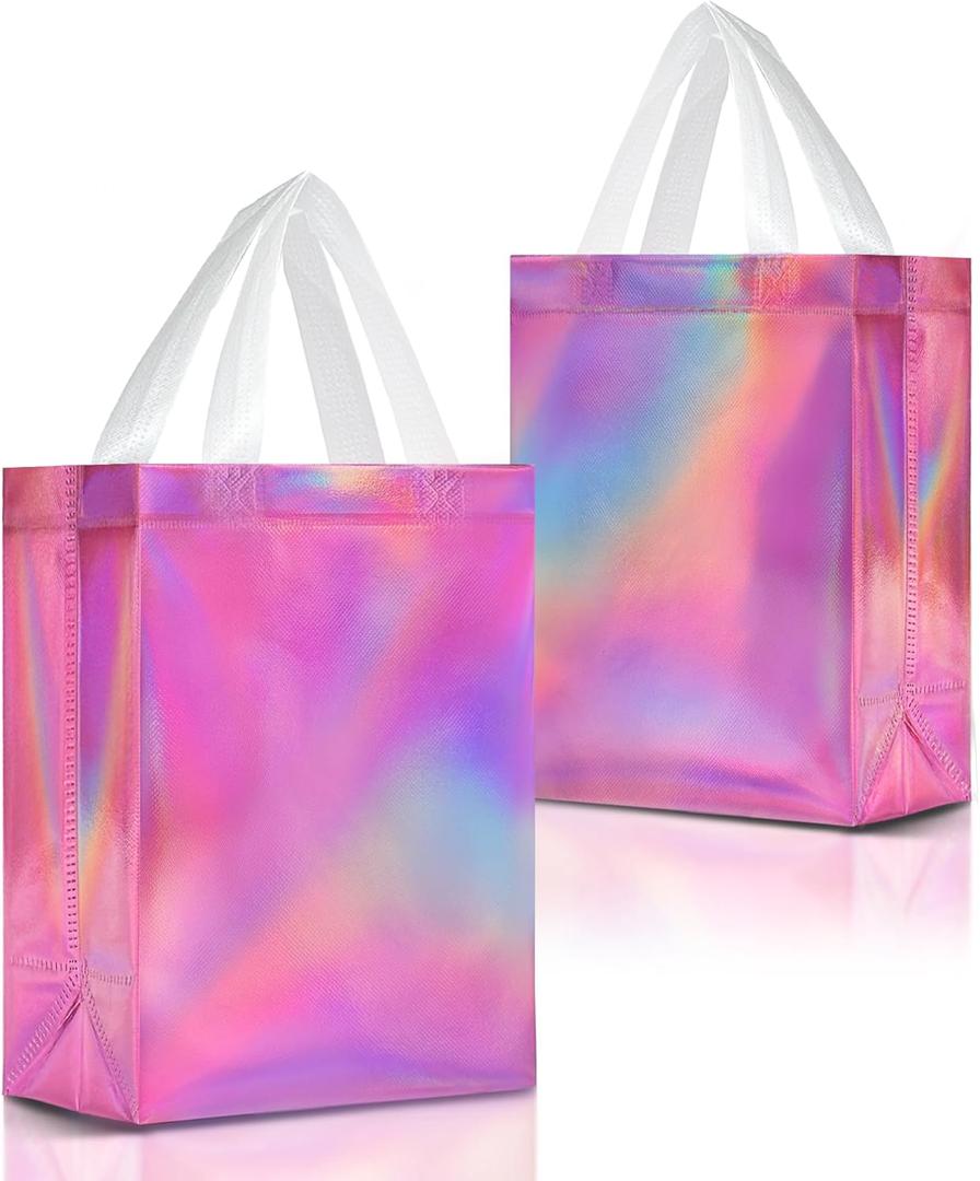 Nush Nush Pink Iridescent Gift Bags Medium Size  Set of 12 Holographic Pink Gift Bags With Handles - Reusable Goodie Bag for Bridal Shower Gifts, Birthday Party Favor, Baby Shower - 8x4x10