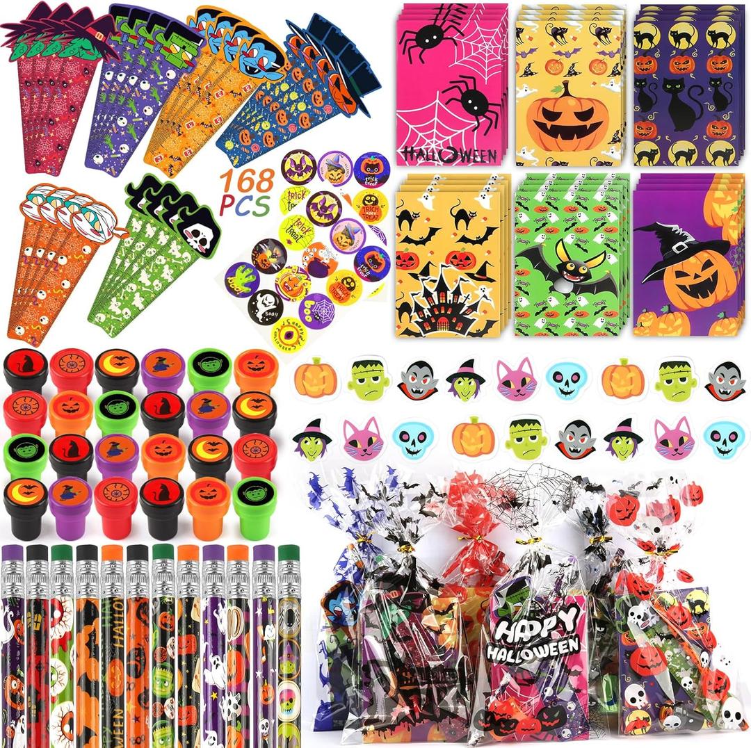 168PCS Halloween Party Favors Stationery Set for Kids, Halloween Goody Bag Fillers Including Pencil, Eraser, Ruler, Notepad, Stamper, Sticker, Stationery Kit for Kids Trick or Treat Prizes Gifts
