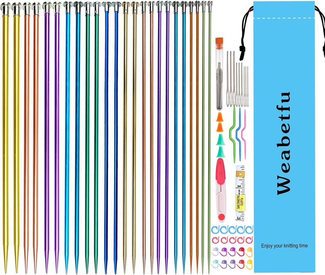 Weabetfu 65 Pcs Aluminum Metal Knitting Needle Set, Colored Straight Single Pointed Knitting Needles, 12 Size 2.5mm-10mm, 10 Inch Length for Handmade DIY Knitting with Knitting Accessories