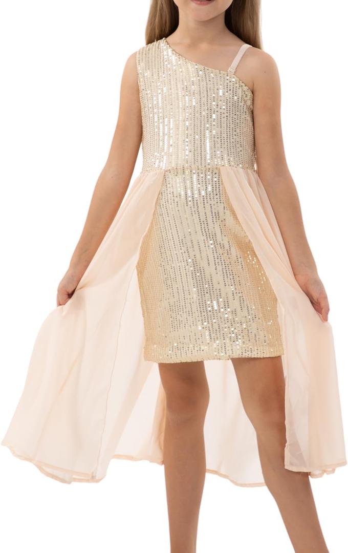 Girls Sequin One Shoulder Birthday Party Prom Dress (7-8 Years, Gold)