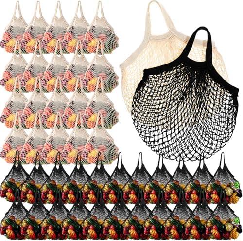Paterr 50 Pack Cotton Mesh Produce Bags Bulk Reusable Market Bag Washable Net Grocery Purse String Shopping Tote Beach Organizer for Vegetable Fruit Picnic Food Storage (Short Handle, Beige and Black)