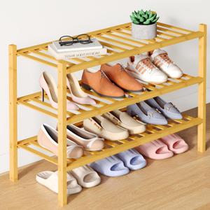 Smiry Bamboo Shoe Rack for Closet, 3 Tier Wooden Stackable Shoe Organizer, Free Standing Shoes Storage Shelf for Entryway, Front Door Entrance, Natural