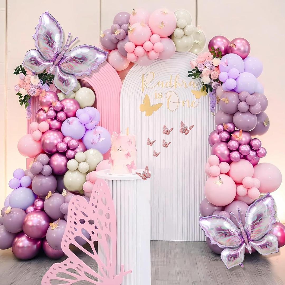 Butterfly Balloon Arch Kit - 142pcs Pastel Pink & Purple Balloons with Butterfly Stickers & Large Foil Balloons for Girl's Baby Shower, Wedding, Birthday Party Decorations