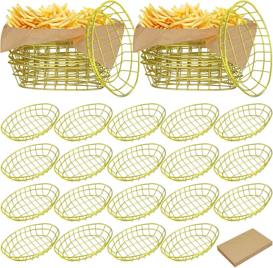 Hushee 24 Pcs Gold Wire Bread Basket with 100 Sheets Deli Wrappers Paper 9.5 x 6.2 x 2.2 Inches Metal Bread Box Oval Metal Dinner Roll Baskets Storage for Kitchen Table Fast Food