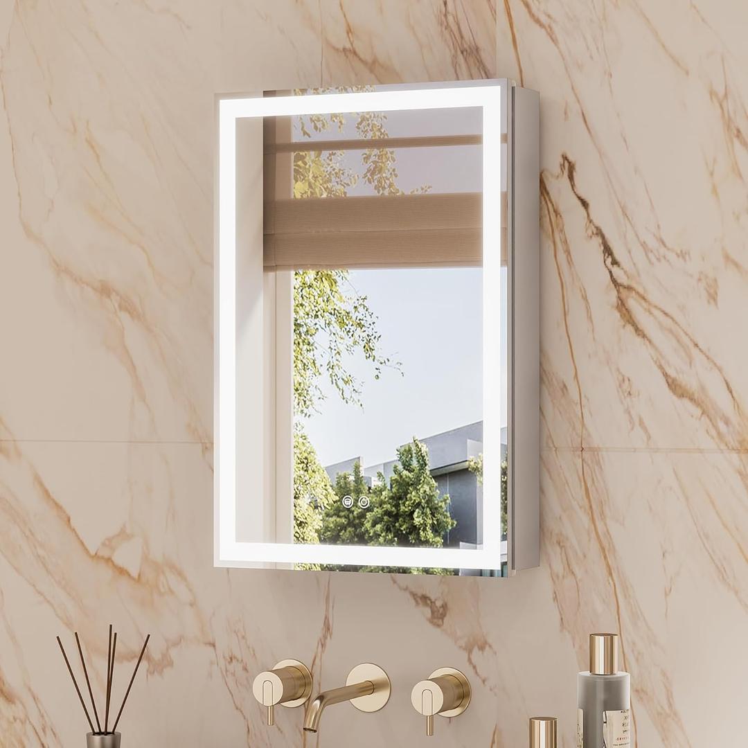 TETOTE 16 x 24 Lighted Bathroom Medicine Cabinet with Adjustable Shelves, Silver Aluminum Cabinet, Anti-Fog Stepless Dimmable 3 Colors White/Warm/Natural, Easy to Install(Wall Mount/Recessed)