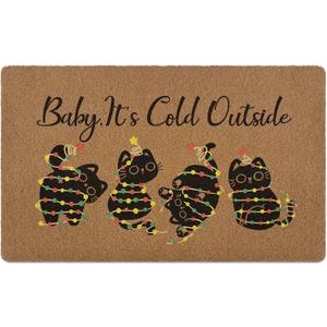 Cute Funny Christmas Black Cat Door Mat, Chrismas Cat Welcome Front Door Mat Indoor Outdoor Entrance, Xmas Holiday Artificial Coir Doormats Rugs for Porch Entryway Decor 30x17in