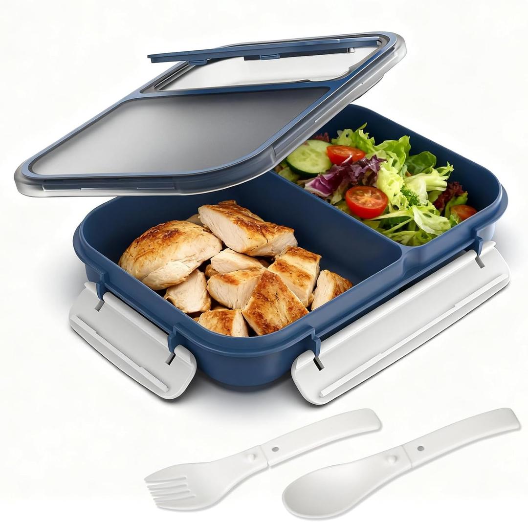 WHALEHOUSE Large Capacity Bento Box for Adult, 1700ML 3 Compartments Lunch Box with Utensil, Airtight Food Container with Lids for Meal Prep, Microwave/Dishwasher/Freezer Safe, On the Go (Dark Blue)