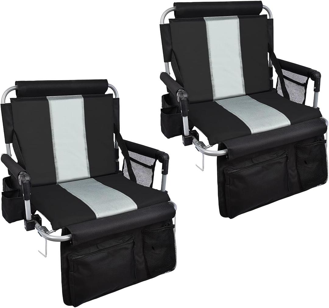 Stadium Seat with Back Support, Portable Fording Bleacher Chair with Cushion and Armrest, Cup Holder, Mesh Bag and Hidden Hook, Football, Soccer (Grey)